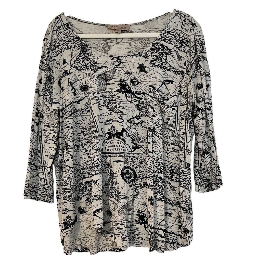 Philosophy Black Print Stretch Three Quarters Sleeve Blouse